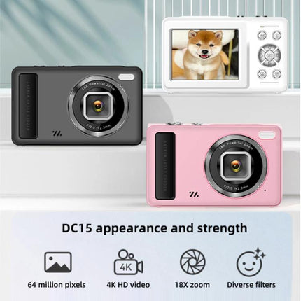 Compact Digital Camera With 2.4 Inch Screen For Everyday Photos showing three color variants, 4K video, 18X zoom and LED fill light features