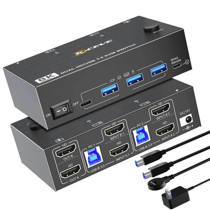 Dual Monitor KVM Switch for 8K Video and USB Devices — compact dual-monitor 8K KVM with USB 3.0 ports, HDMI inputs/outputs and wired remote for seamless system switching