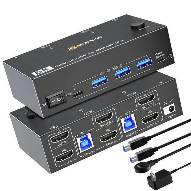 Dual Monitor KVM Switch for 8K Video and USB Devices - black dual-monitor KVM unit with HDMI ports, USB 3.0 hubs, and cables for PC switching