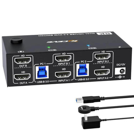 Dual Monitor KVM Switch for 8K Video and USB Devices - compact black unit with HDMI ports, USB-B 3.0 inputs and USB cables for dual-computer control