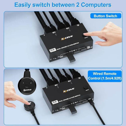 Dual Monitor KVM Switch for 8K Video and USB Devices showing button switch and wired remote for switching between two computers