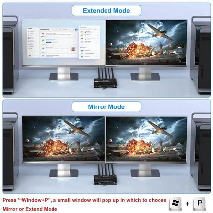 Dual Monitor KVM Switch for 8K Video and USB Devices showing extended and mirror modes with two monitors and central KVM unit