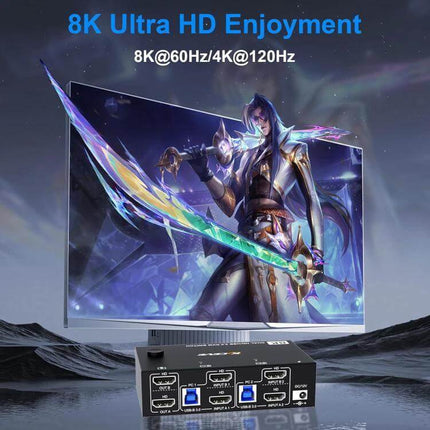Dual Monitor KVM Switch for 8K Video and USB Devices - dual-display 8K@60Hz KVM for gaming, video editing, and USB peripheral sharing