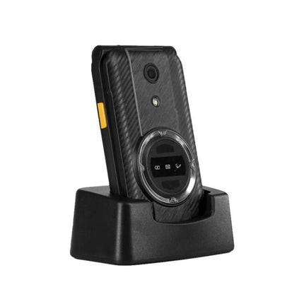 AGM Type-C Dock for Everyday Desk Phone Charging and Holding propping a rugged phone at an angle while charging on a compact black desk dock