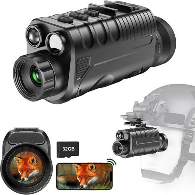 Outdoor Night Vision Monocular With 1.39-Inch OLED Screen handheld unit showing 1.39-inch OLED display, 5× optical zoom, infrared emitters, and smartphone view