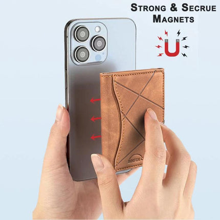 Prismatic Leather Magnetic Card Wallet for Daily Essentials attached to phone demonstrating strong secure magnets and holding cards