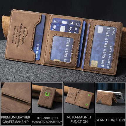 Prismatic Leather Magnetic Card Wallet for Daily Essentials shown attached to phone holding cards in brown PU leather wallet