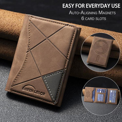 Prismatic Leather Magnetic Card Wallet for Daily Essentials compact brown PU leather card wallet with magnetic attachment and 6 card slots