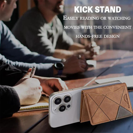 Prismatic Leather Magnetic Card Wallet for Daily Essentials attached to phone acting as kickstand holding cards and small items