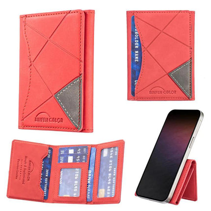 Prismatic Leather Magnetic Card Wallet for Daily Essentials shown in coral red PU leather attached to a phone and holding cards