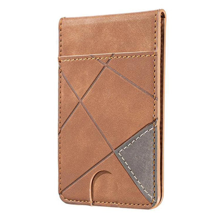 Prismatic Leather Magnetic Wallet for Credit Cards and IDs showing brown PU leather card sleeve with geometric stitched pattern and magnetic phone attachment