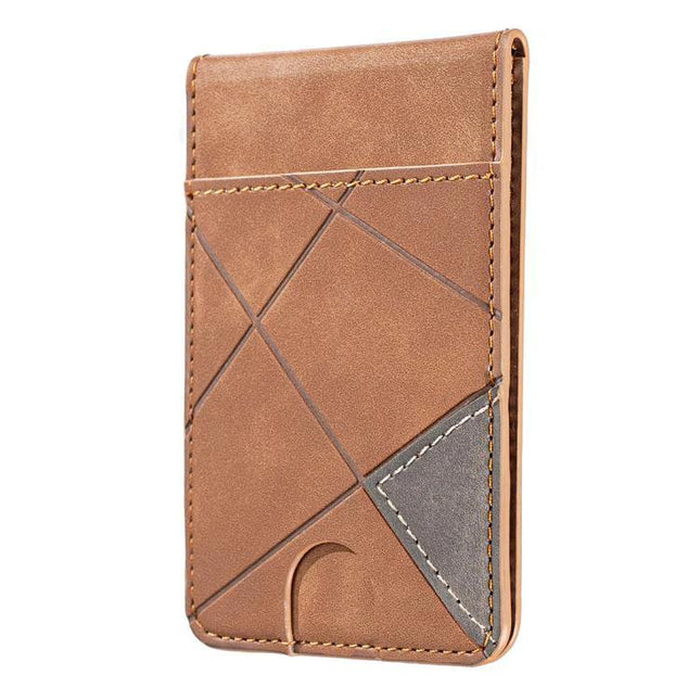 Prismatic Leather Magnetic Wallet for Credit Cards and IDs showing brown PU leather card sleeve with geometric stitched pattern and magnetic phone attachment