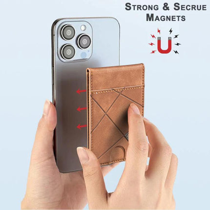 Prismatic Leather Magnetic Wallet for Credit Cards and IDs attached to phone showing secure magnets and card slots