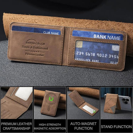 Prismatic Leather Magnetic Wallet for Credit Cards and IDs - brown PU leather card holder with magnetic phone attachment and ID window