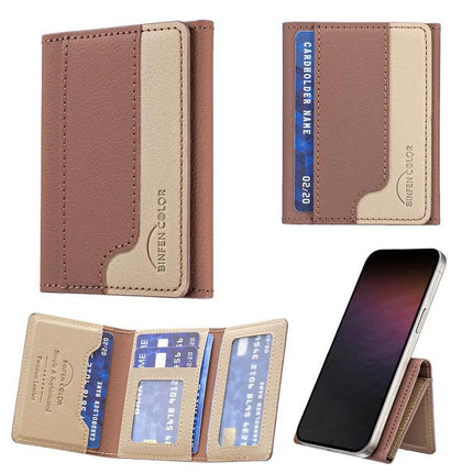 Horizontal Leather Magnetic Wallet for Credit Cards and IDs shown in tan PU leather attached to phone with multiple card slots