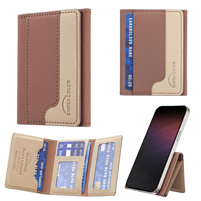 Horizontal Leather Magnetic Wallet for Credit Cards and IDs shown in tan PU leather attached to phone with multiple card slots