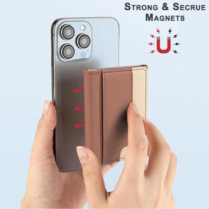 Horizontal Leather Magnetic Wallet for Credit Cards and IDs attached to phone showing strong magnetic closure and easy access