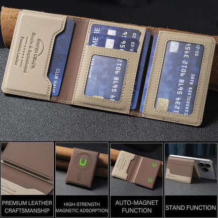 Horizontal Leather Magnetic Wallet for Credit Cards and IDs attached to phone showing multiple card slots and magnetic closure