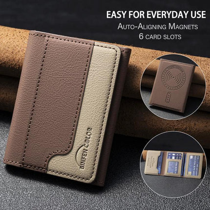 Horizontal Leather Magnetic Wallet for Credit Cards and IDs - brown PU leather horizontal magnetic card wallet with 6 slots and secure magnetic closure