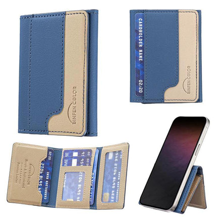 Blue and tan Horizontal Leather Magnetic Wallet for Credit Cards and IDs attached to phone showing card slots and magnetic closure