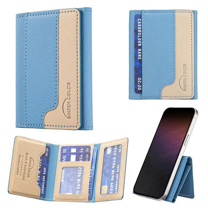 Horizontal Leather Magnetic Wallet for Credit Cards and IDs showing blue PU leather card slots, magnetic phone attachment, and organized ID display