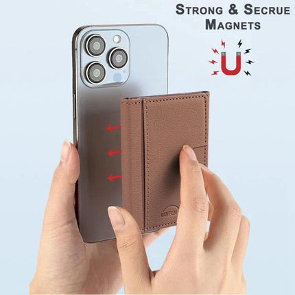 Horizontal Genuine Leather Magnetic Card Holder for Daily Use attached to phone, brown PU leather wallet showing strong secure magnets
