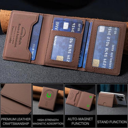 Horizontal Genuine Leather Magnetic Card Holder for Daily Use - brown PU leather phone wallet with card slots, magnetic attachment, and stand function