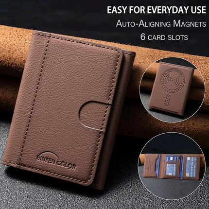 Horizontal Genuine Leather Magnetic Card Holder for Daily Use slim brown PU wallet with 6 card slots and magnetic phone attachment