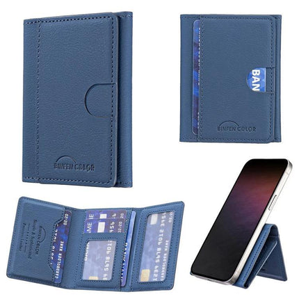 Horizontal Genuine Leather Magnetic Card Holder for Daily Use shown in blue PU leather holding credit cards and attaching to phone