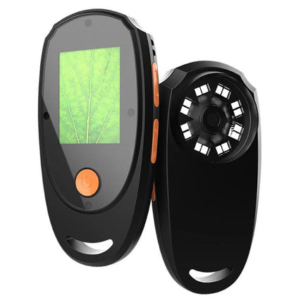 Handheld Digital Microscope for Up-Close Detail Examination showing built-in screen with magnified leaf and LED-lit lens