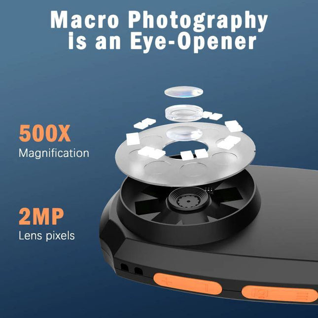 Handheld Digital Microscope for Up-Close Detail Examination showing 500X magnification, 2MP lens and built-in screen for macro inspection