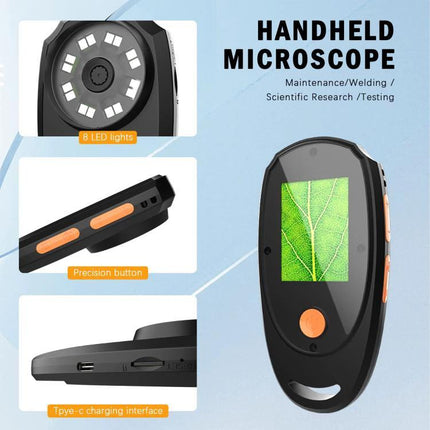 Handheld Digital Microscope for Up-Close Detail Examination showing compact handheld device with built-in screen, LED lights, precision buttons and Type-C port