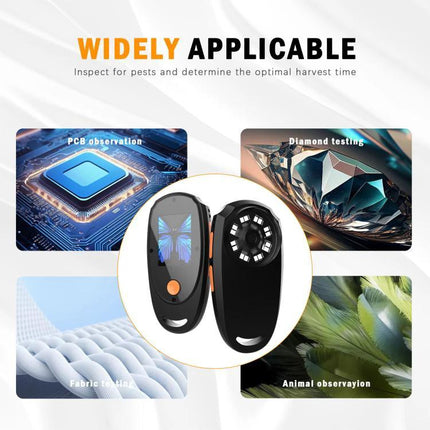 Handheld Digital Microscope for Up-Close Detail Examination showing compact device with built-in screen for PCB, diamond, fabric and animal observation