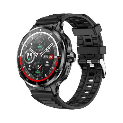 Smart Watch with Earphones for Everyday Fitness and Calls black rugged smartwatch displaying health metrics and call/music controls