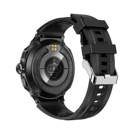 Smart Watch with Earphones for Everyday Fitness and Calls showing rear sensors, charging contacts and black silicone strap