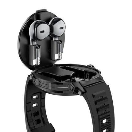 Smart Watch with Earphones for Everyday Fitness and Calls - black smartwatch with integrated wireless earphones in charging case, fitness and call-ready