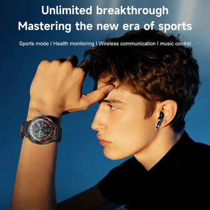Smart Watch with Earphones for Everyday Fitness and Calls on wrist and ear during workout and commute, showing heart rate tracking and music control