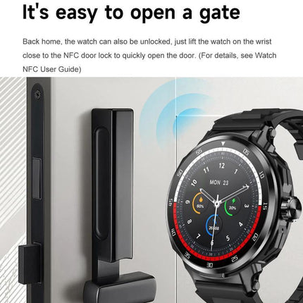 Smart Watch with Earphones for Everyday Fitness and Calls showing NFC door unlock feature on wrist near gate lock