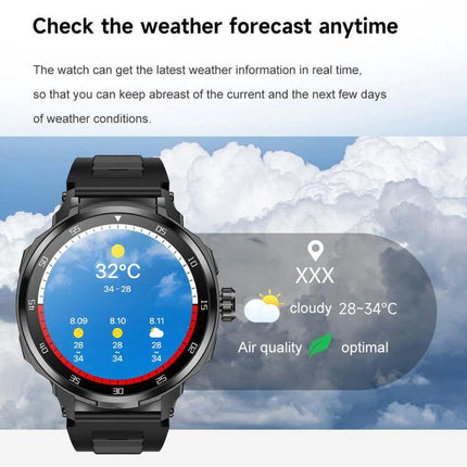 Smart Watch with Earphones for Everyday Fitness and Calls - weather forecast screen showing 32°C, cloudy 28-34°C, air quality optimal