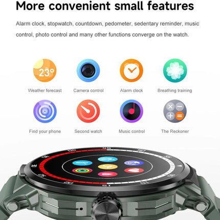 Smart Watch with Earphones for Everyday Fitness and Calls showing round touchscreen smartwatch face with app icons and rugged green case