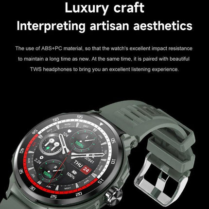 Smart Watch with Earphones for Everyday Fitness and Calls showing green sport smartwatch with TWS earphones and heart rate activity display