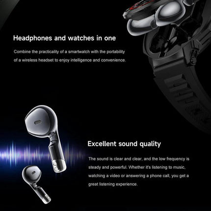Smart Watch with Earphones for Everyday Fitness and Calls - black smartwatch with built-in wireless earphones showing earbuds and strap