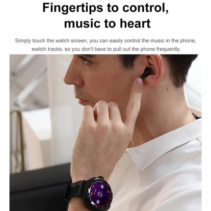 Smart Watch with Earphones for Everyday Fitness and Calls showing man wearing watch and touching wireless earbud to control music during commute