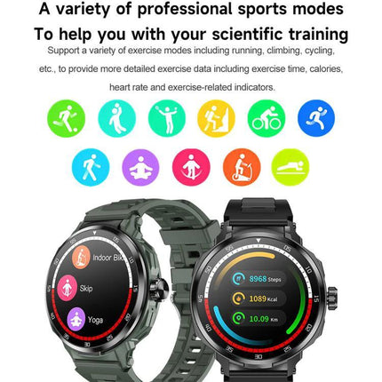 Smart Watch with Earphones for Everyday Fitness and Calls — dual-watch display showing fitness modes, step count, calories and heart-rate tracking