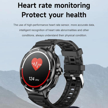 Smart Watch with Earphones for Everyday Fitness and Calls showing heart rate monitoring 124 BPM on black sport smartwatch face