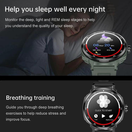 Smart Watch with Earphones for Everyday Fitness and Calls showing sleep tracking and breathing training screens on the watch face