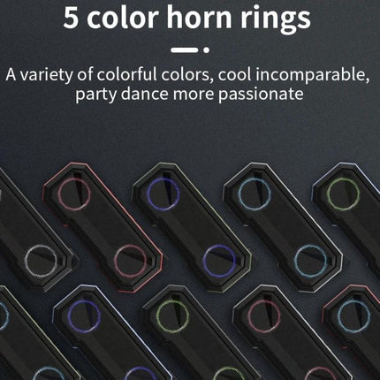 Waterproof Portable Bluetooth Speaker For Beach Camping And Backyard showing five color LED horn rings and black portable speakers