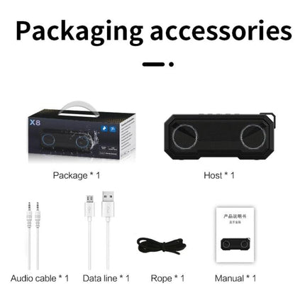 Waterproof Portable Bluetooth Speaker For Beach Camping And Backyard showing included box, speaker, cables, rope and manual