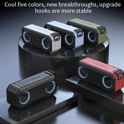 Waterproof Portable Bluetooth Speaker For Beach Camping And Backyard shown in five colors on display with built-in hooks and dual speakers