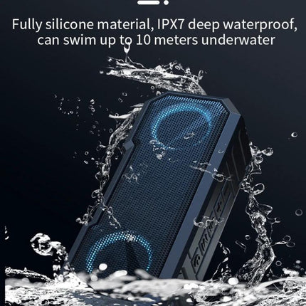 Waterproof Portable Bluetooth Speaker For Beach Camping And Backyard shown splashing with IPX7 waterproof silicone housing and blue LED drivers